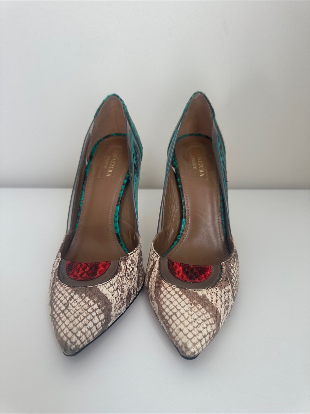 Aquazzura Beige Snakeskin Pointed-Toe Pumps with Red Accent